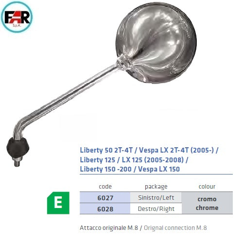 Specchio Retrovisore DX Piaggio Liberty 50 2T-4T / Vespa LX 2T-4T (2005-) / Liberty 125 / LX 125 (2005-2008) / Liberty 150 -200 / Vespa LX 150