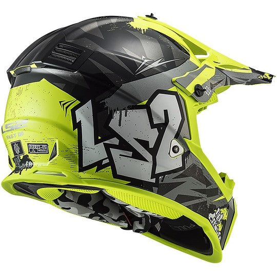 Casco Cross Enduro Moto Ls2 MX437 FAST EVO Crusher Nero Giallo Fluo