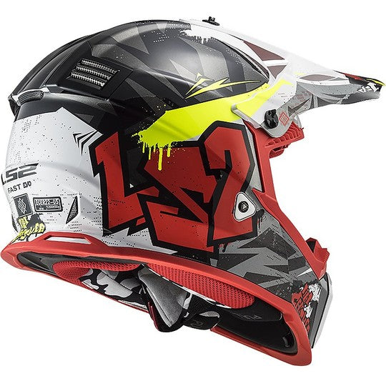 Casco Cross Enduro Moto Ls2 MX437 FAST EVO Crusher Nero Rosso