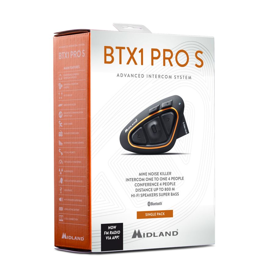 INTERFONO MIDLAND BTX1 PRO S CON HI-FI SPEAKER SINGOLO (1 PEZZO) Conference 4 persone fino a 800 m