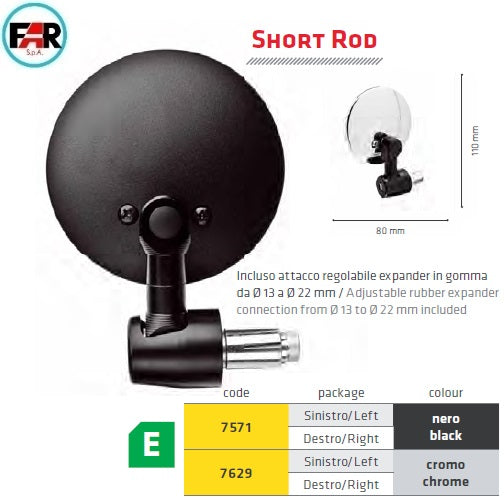 Specchio Retrovisore DX/SX BAR END TONDO NERO MINIMAL