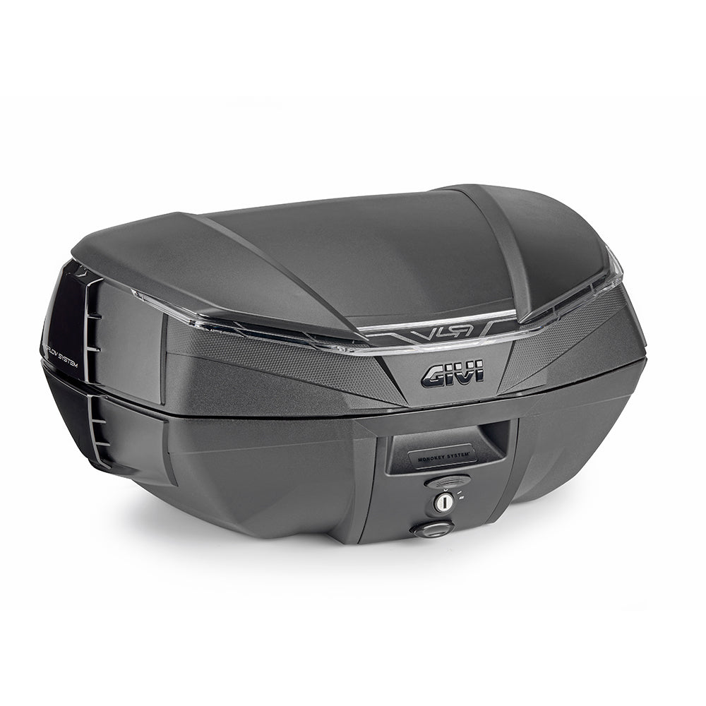 Valigia V49 AIR, nera con catadiottro fumè e quattro cover nere verniciabili. Dotata di 4 alette Wingflow System verniciate in color nero lucido, posizionate sui lati.