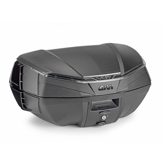 Valigia V49 AIR, nera con catadiottro fumè e quattro cover nere verniciabili. Dotata di 4 alette Wingflow System verniciate in color nero lucido, posizionate sui lati.