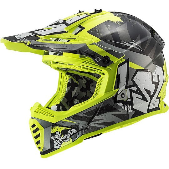 Casco Cross Bambino Ls2 MX437 Fast Evo II Mini Crusher Nero Lucido H-V Giallo