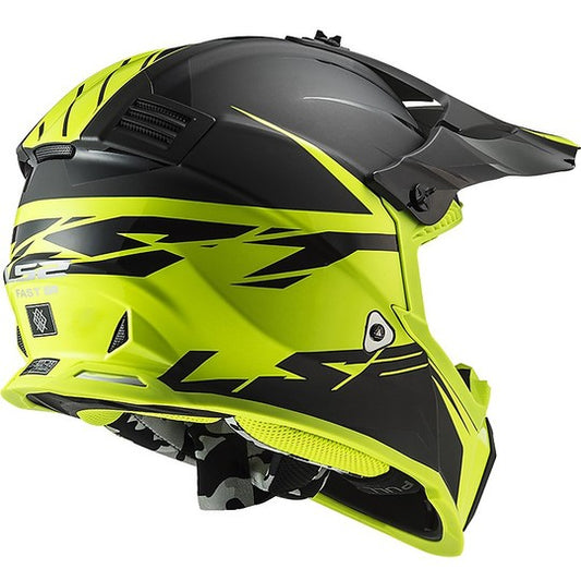 Casco Cross Enduro Moto Ls2 MX437 FAST EVO Roar Nero Opaco Giallo Fluo